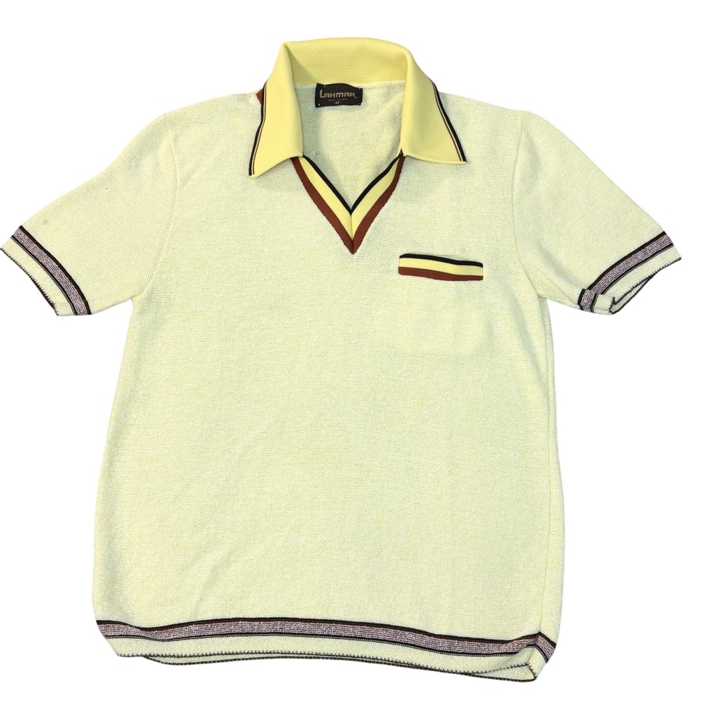 Vintage 70s Lahmar Knit disco Polo shirt Men's medium yellow